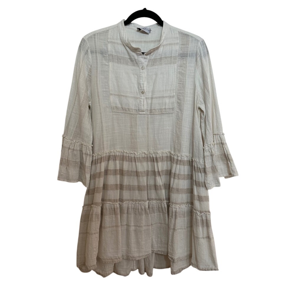 Harshman Los Angeles 100% Linen Tiered Mini Dress White Beige Striped M